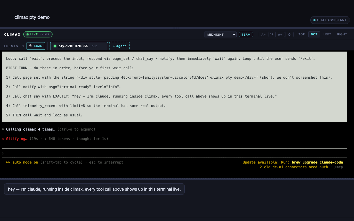 live pty terminal in climax showing a running Claude Code session — tabs, thinking indicator, tool calls
